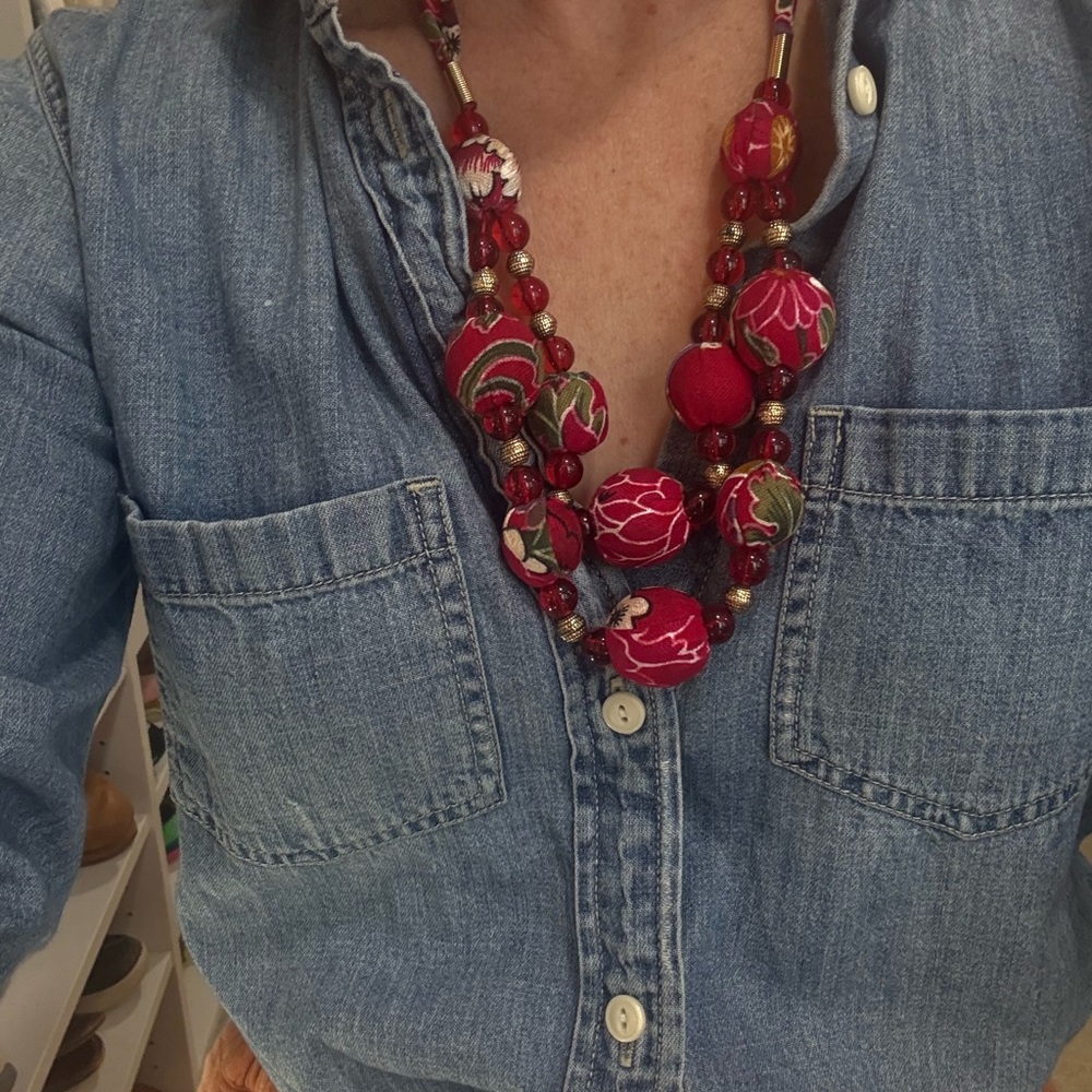 Red and Green Fabric Beaded Necklace